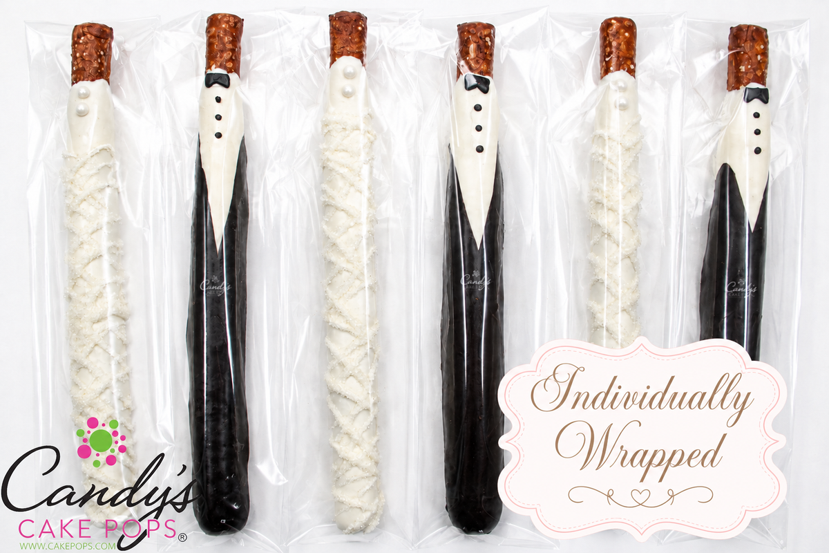 Bride and Groom Chocolate Covered Pretzel Rods - Candy's Cake Pops