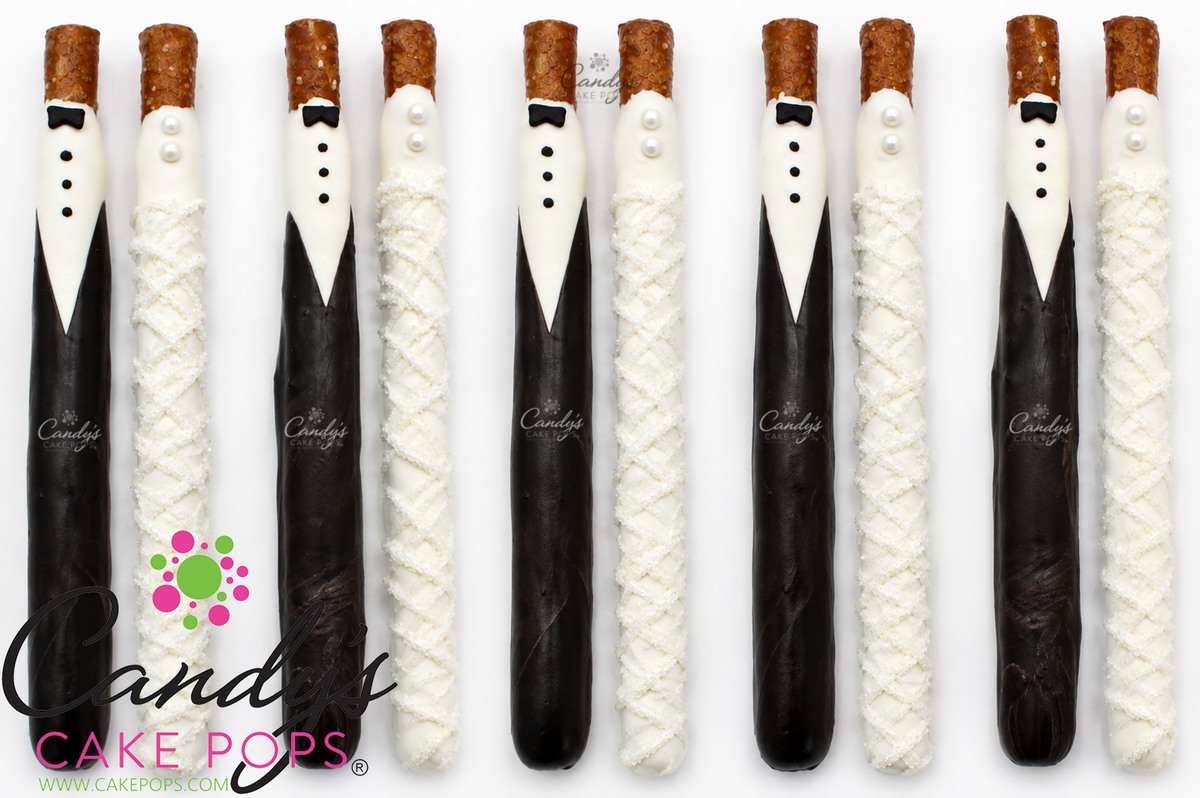 Bride and Groom Chocolate Covered Pretzel Rods - Candy's Cake Pops