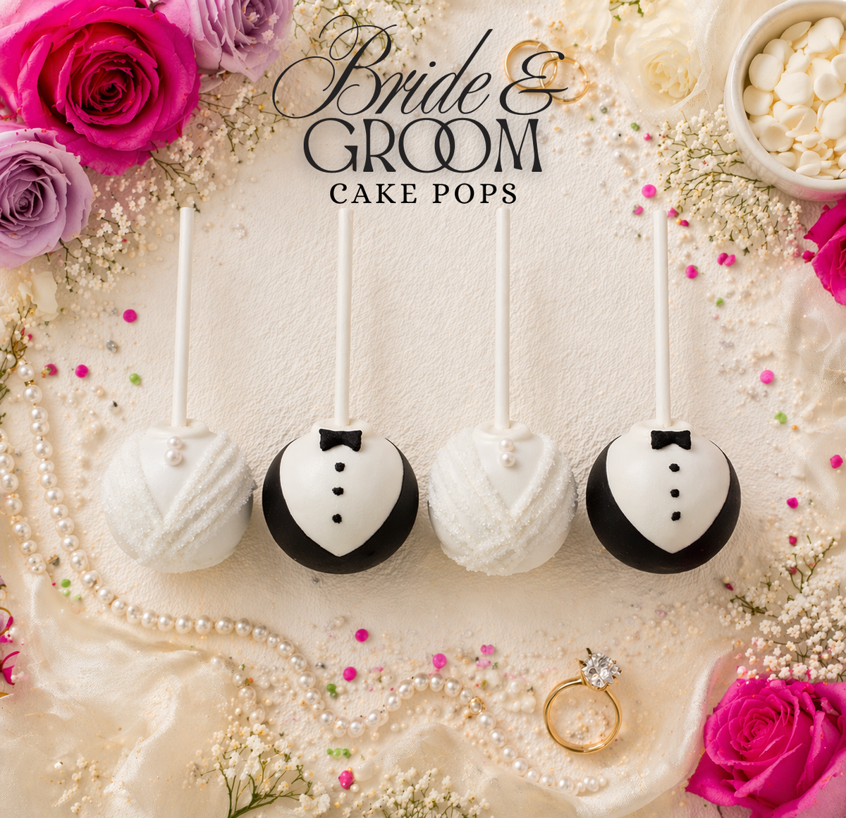 Four cake pops decorated to look like tuxedos are arranged on a cream fabric backdrop with roses, pearls, and a ring. The text 'Bride & Groom Cake Pops' appears above them.