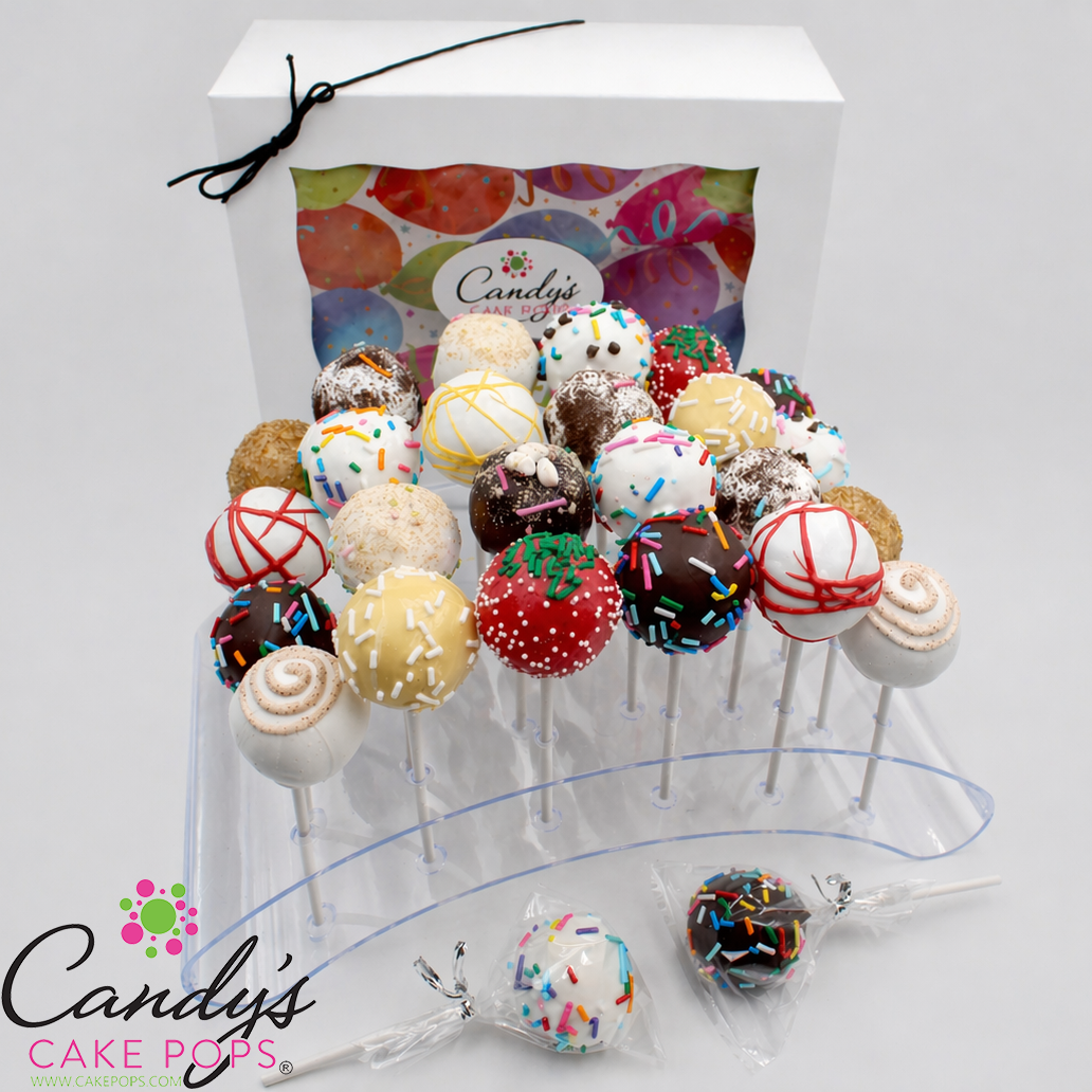 24 Count You Choose Assortment:  Cake Pops + Acrylic Display - *Shipping Included* - Candy's Cake Pops