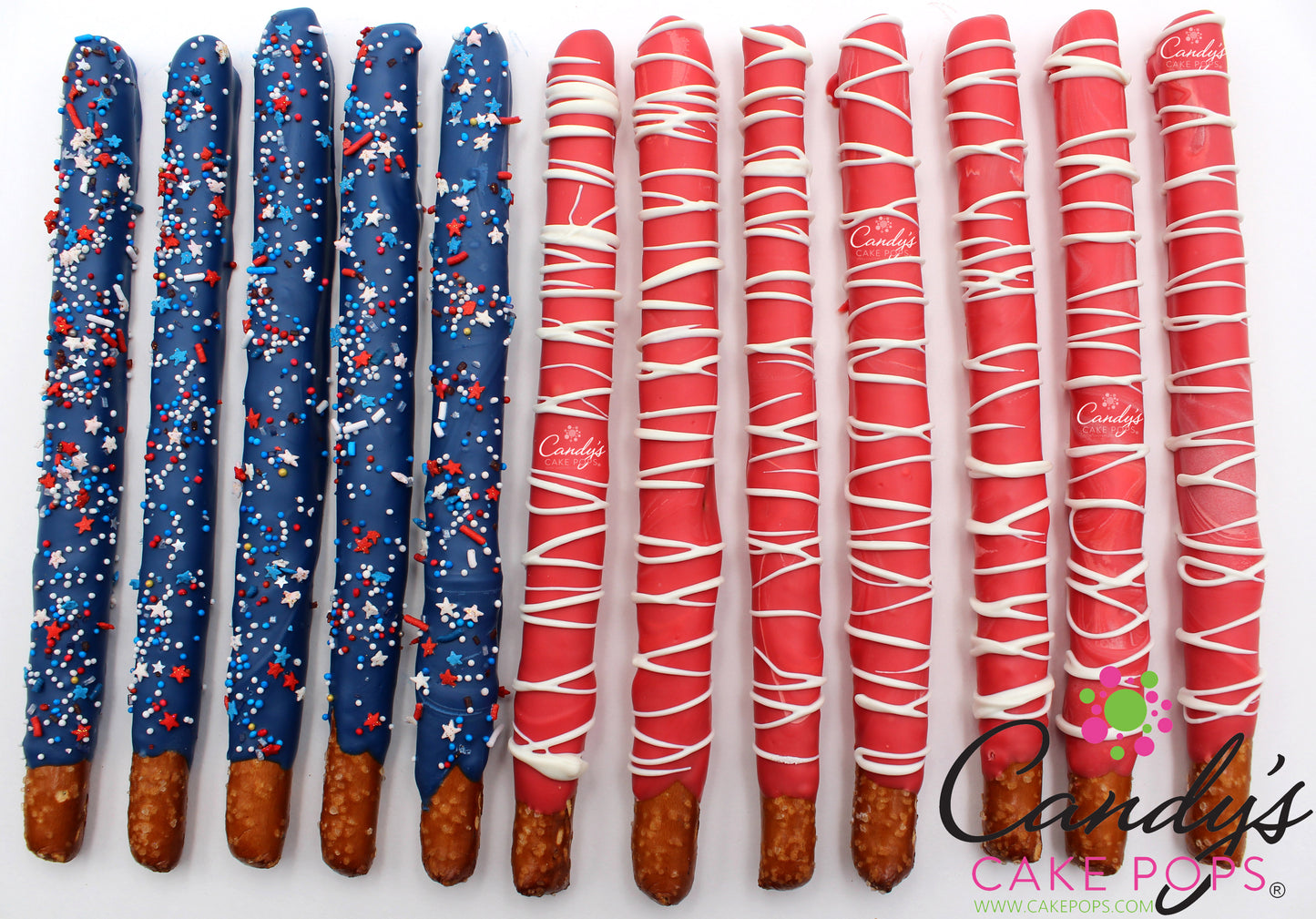 Patriotic Red White and Blue Pretzel Rods - Candy's Cake Pops American Flag Fourth of July Dessert