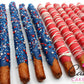Patriotic Red White and Blue Pretzel Rods - Candy's Cake Pops American Flag Dessert Chocolate Covered Pretzel