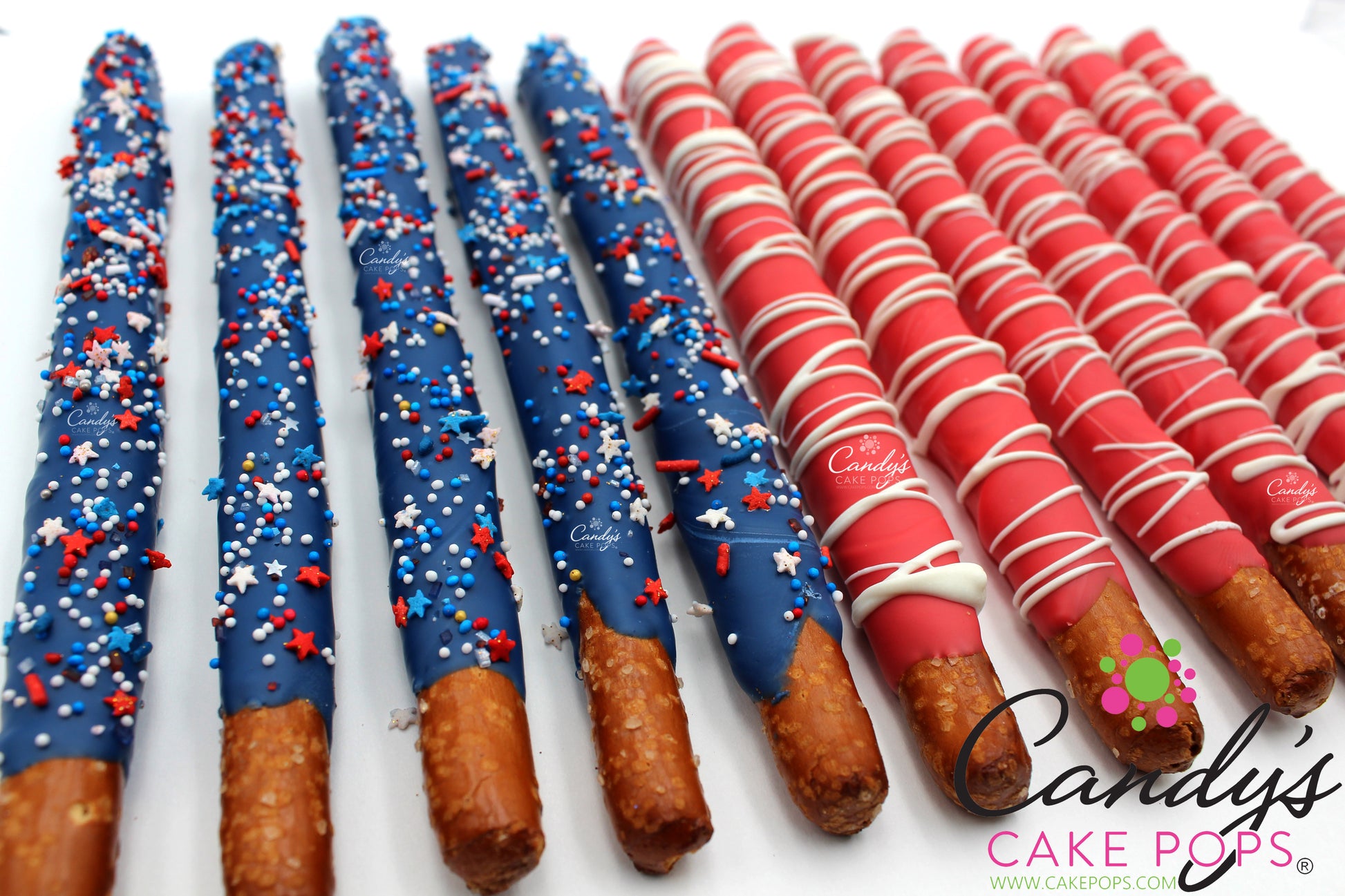 Patriotic Red White and Blue Pretzel Rods - Candy's Cake Pops American Flag Dessert Chocolate Covered Pretzel