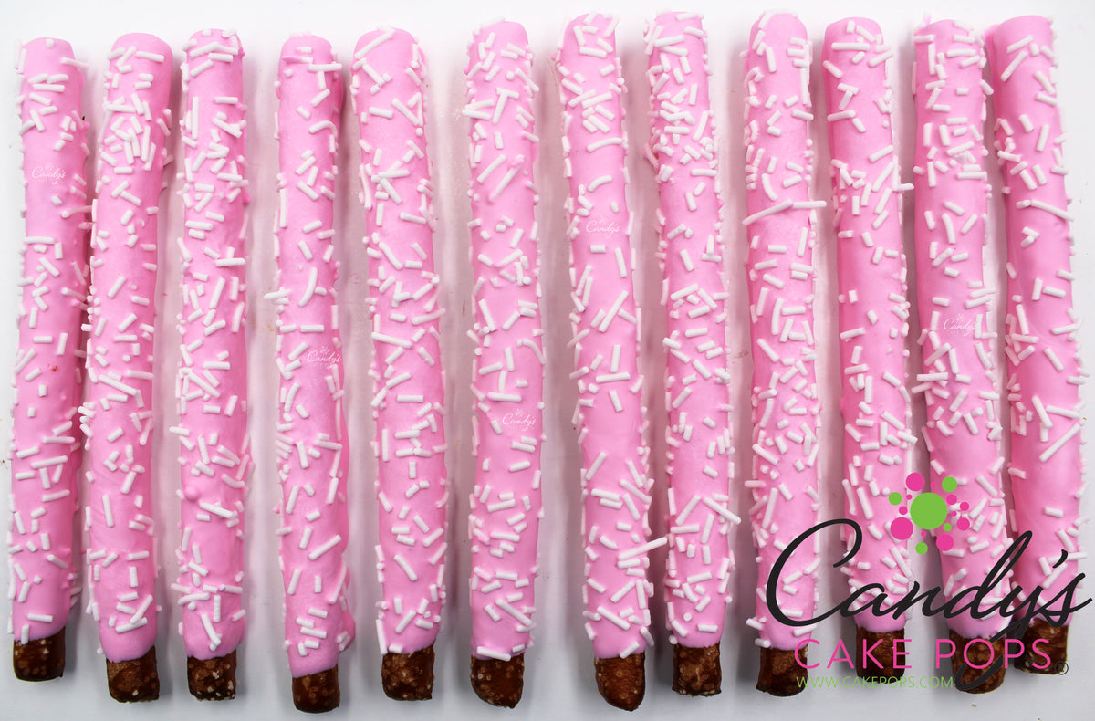 Custom Color Chocolate Covered Pretzel Rods with Sprinkles - Candy's Cake Pops