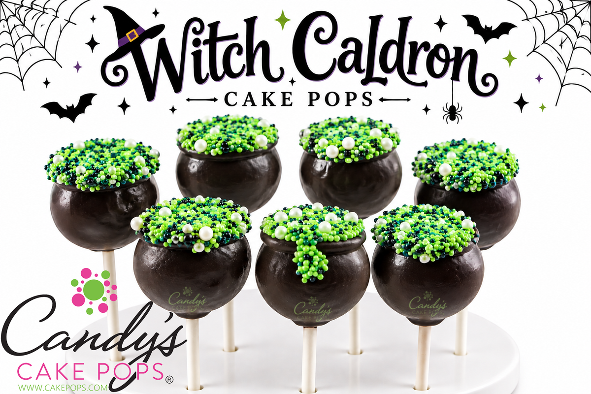Seven Halloween-themed cake pops shaped like cauldrons, decorated with green sprinkles and white pearl accents, displayed on a white stand against a white background with 'Witch Caldron Cake Pops' and 'Candy's Cake Pops' branding. 