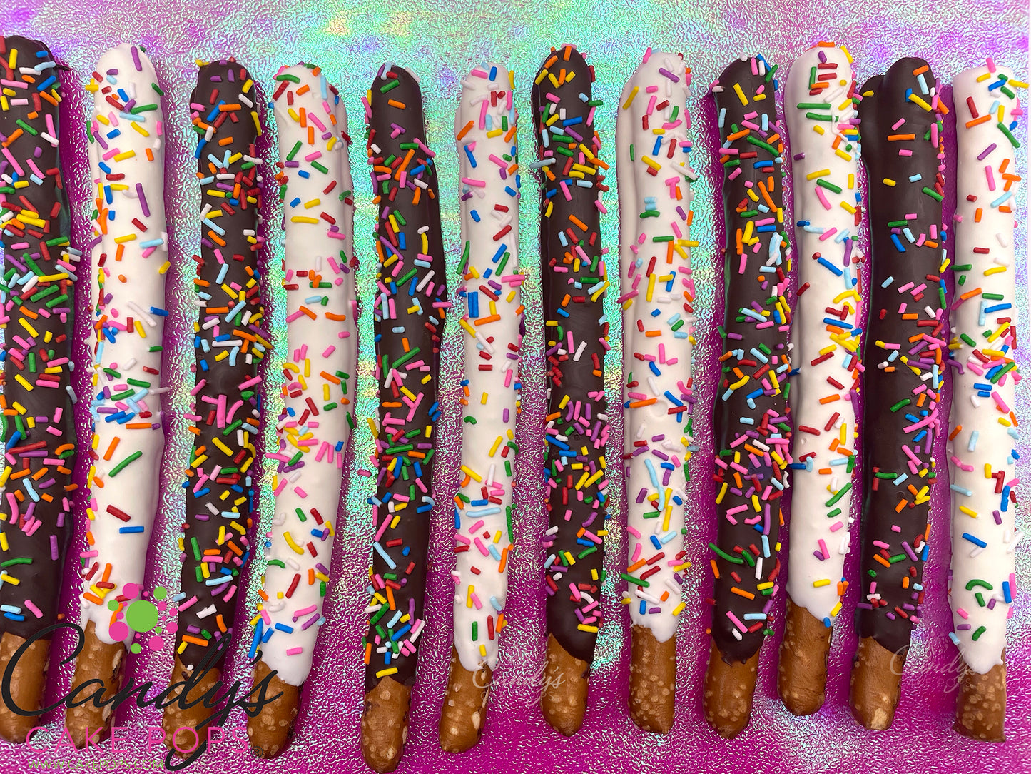 Festive Confetti Chocolate Covered Pretzel Rods - Candy's Cake Pops
