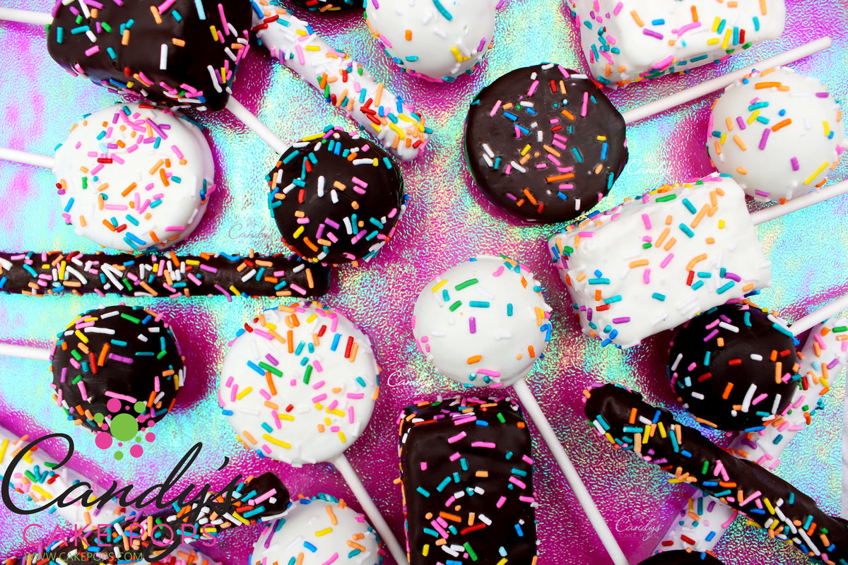 Festive Celebration Confetti Sprinkle Party Variety Package. Chocolate Dipped Cake Pops, Oreos, Rice Krispies, & Pretzel Rods!