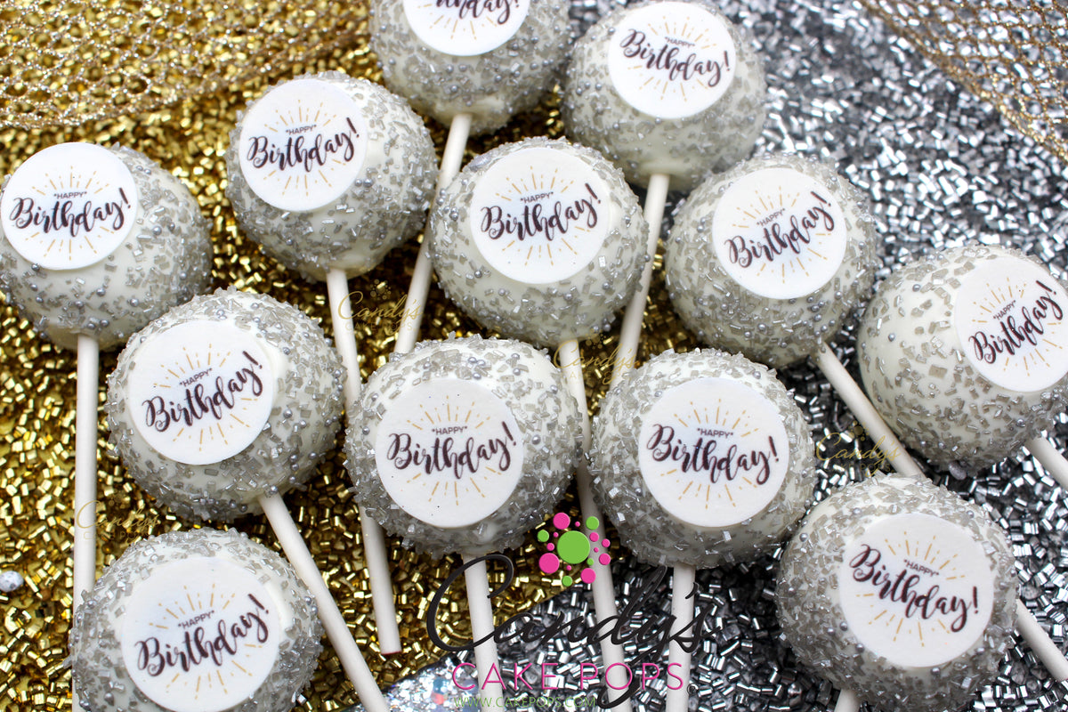Glam Birthday Edible Decal Cake Pops (Choose Color and Sprinkles : Silver, Gold, or White Diamonds)