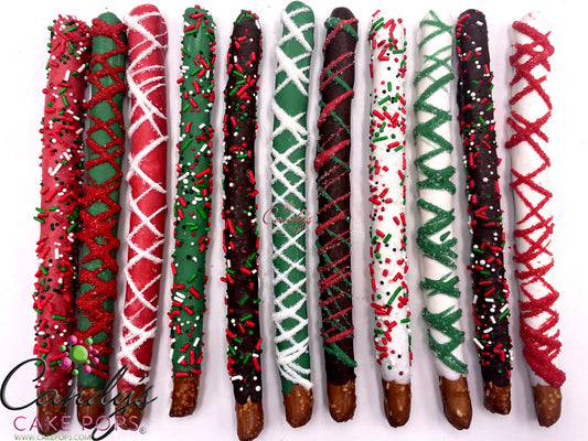 Christmas Chocolate Covered Pretzel Rods - Candy's Cake Pops