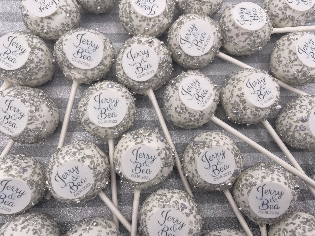 Wedding Favor Cake Pops Name + Date (Customize Colors) Place Setting, Hotel Welcome Gift